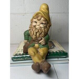 Vtg 70s Ceramic Sitting w/Pipe Garden Gnome Leprechaun Dwarf Shelf Sitter Friend